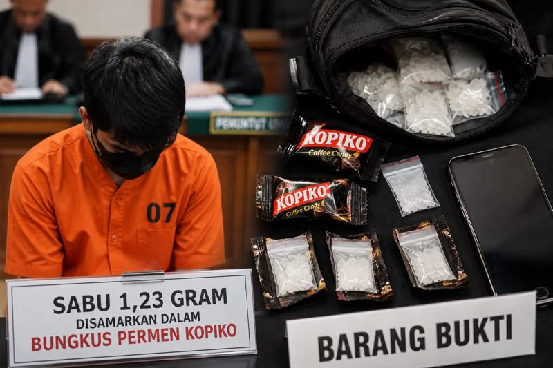 AI ilustrasi Michael T., sabu, narkotika, PN Denpasar, Pengadilan Negeri Denpasar, Legian, Kuta, Polresta Denpasar, peredaran sabu, bungkus permen Kopiko, sistem tempelan, 1,23 gram sabu, Pasal 114 ayat (1), UU Narkotika, Bali.