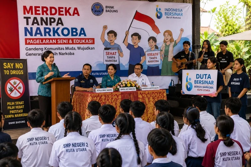 BNNK Badung,Duta Bersinar Kuta Utara,Merdeka Tanpa Narkoba,Pencegahan Narkoba Bali,Komunitas Nak Muda Berkarya, Pengukuhan Duta Bersinar Kecamatan Kuta Utara, Kegiatan anti narkoba SMP Kuta Utara,Bunda Anti Narkoba Badung Rasniathi Adi Arnawa,Edukasi narkoba dan safety riding pelajar,Acara BNNK Badung di Mie Kober Dalung