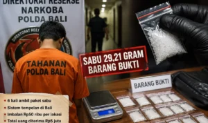 Buruh harian lepas, Pandeglang, Denpasar, PN Denpasar, narkotika, sabu, 29,21 gram, 34,46 gram bruto, Polda Bali, jaringan narkotika, sistem tempelan, Pasal 114 ayat (2), UU Narkotika, terdakwa narkotika, Bali.