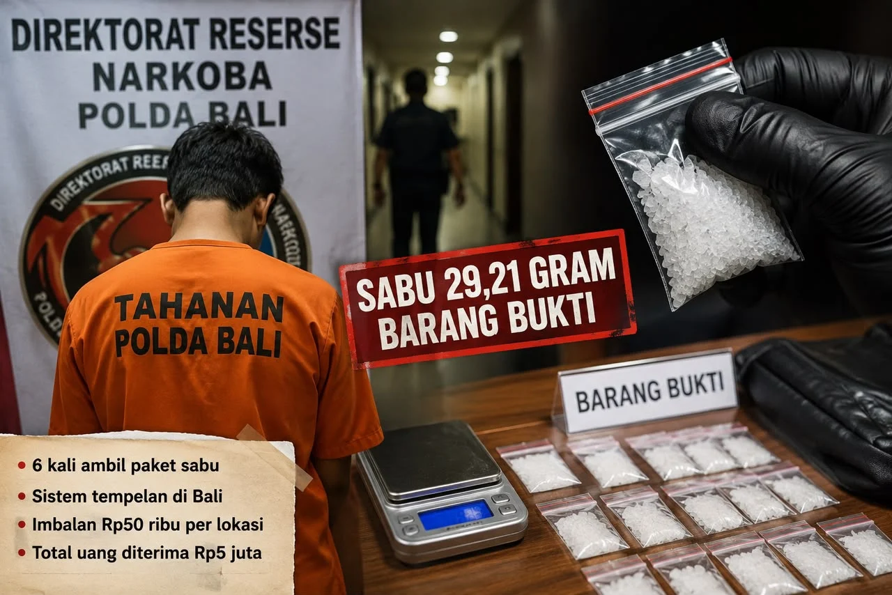 Buruh harian lepas, Pandeglang, Denpasar, PN Denpasar, narkotika, sabu, 29,21 gram, 34,46 gram bruto, Polda Bali, jaringan narkotika, sistem tempelan, Pasal 114 ayat (2), UU Narkotika, terdakwa narkotika, Bali.