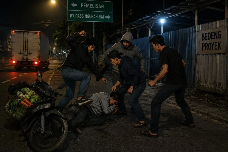 Pengeroyokan Denpasar, pedagang sayur dikeroyok, penganiayaan Denpasar Selatan, Jalan Pemelisan, By Pass Ngurah Rai, Denpasar Selatan, Polresta Denpasar, dugaan pengeroyokan, korban penganiayaan, penyelidikan polisi.