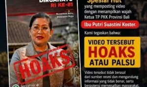 Hoaks, video AI, Ny. Putri Suastini Koster, Putri Koster, BPD Bali, undian HUT RI ke-81, undian berhadiah Rp2 miliar, Pemprov Bali, hoaks Bali, penipuan digital, kecerdasan buatan, AI, pencurian data pribadi, media sosial, Facebook, informasi palsu.