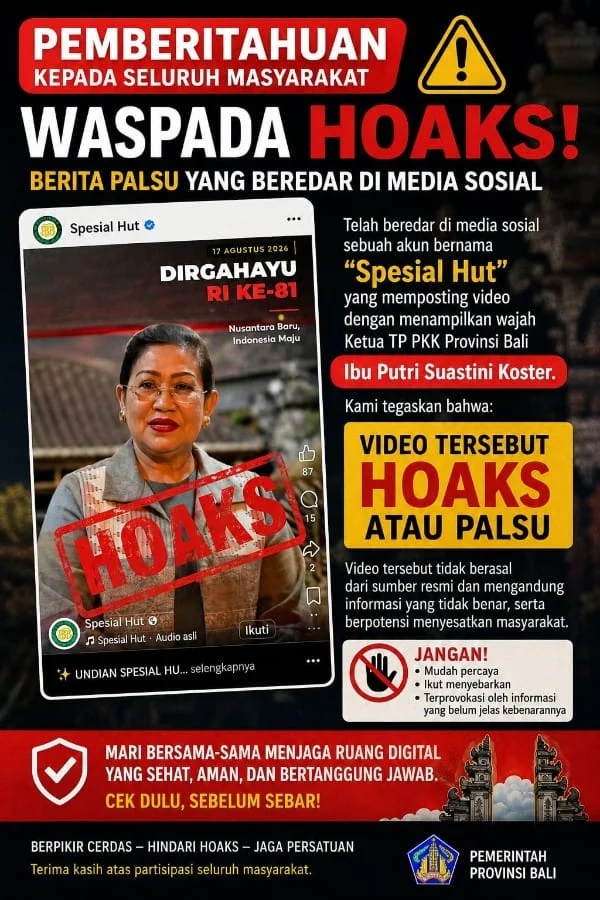 Hoaks, video AI, Ny. Putri Suastini Koster, Putri Koster, BPD Bali, undian HUT RI ke-81, undian berhadiah Rp2 miliar, Pemprov Bali, hoaks Bali, penipuan digital, kecerdasan buatan, AI, pencurian data pribadi, media sosial, Facebook, informasi palsu.