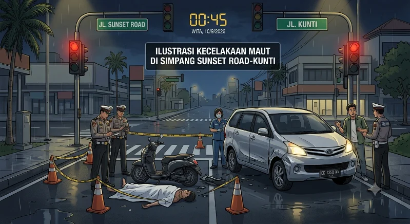 kecelakaan lalu lintas, kecelakaan maut, Sunset Road, Jalan Kunti, Kuta, Badung, pengendara motor tewas, Honda Scoopy, Daihatsu Xenia, terobos lampu merah, Satlantas Polresta Denpasar, Unit Laka, Polresta Denpasar, Bali
