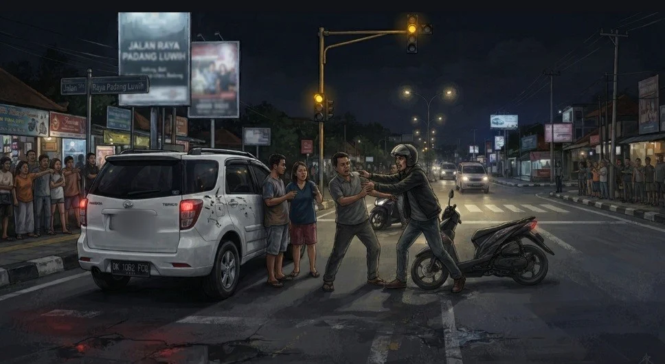 penganiayaan di Dalung, pengemudi Daihatsu Terios, cekcok lalu lintas, serempetan kendaraan, Traffic Light Dalung, Polres Badung, layanan 110 Polri, Kuta Utara, Badung, dugaan pemukulan pengemudi mobil.