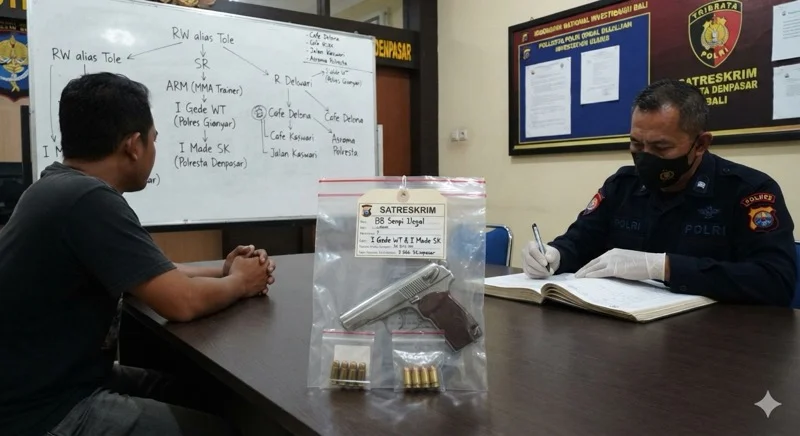 senpi ilegal, senjata api ilegal, Polresta Denpasar, Satreskrim Polresta Denpasar, anggota polisi, Satresnarkoba, I Gede WT, I Made SK, Baikal Makarov, amunisi kaliber 32 ACP, kasus senpi Bali, Denpasar, Bali