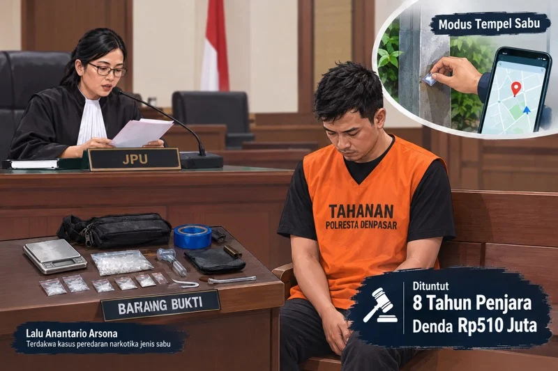 Lalu Anantario Arsona, tuntutan 8 tahun penjara, peredaran narkotika, kasus sabu Denpasar, sabu 10,31 gram, denda Rp510 juta, Jaksa Penuntut Umum Ni Putu Trisna Dewi, PN Denpasar, modus tempel sabu, peredaran narkotika jenis sabu di Bali, EK.FANCYNETWORK, DPO kasus narkotika, penangkapan pengedar sabu,
